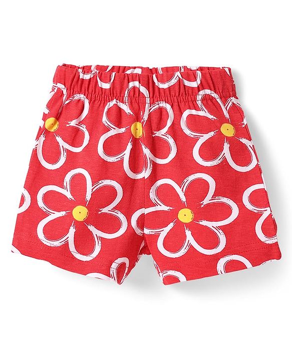 Babyhug Cotton Knit Half Sleeves Peter Pan Collared Co-ords Shorts Night Suit with Floral Print -Red