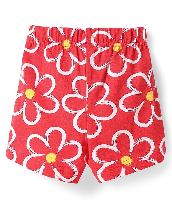 Babyhug Cotton Knit Half Sleeves Peter Pan Collared Co-ords Shorts Night Suit with Floral Print -Red