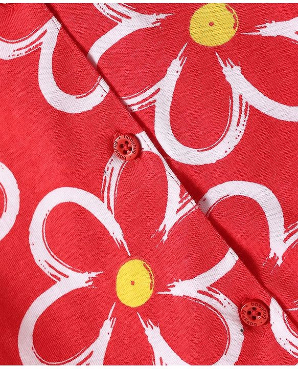 Babyhug Cotton Knit Half Sleeves Peter Pan Collared Co-ords Shorts Night Suit with Floral Print -Red
