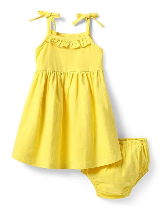 Babyhug Single Jersey Knit Sleeveless Solid Color Frock with Bloomer - Yellow