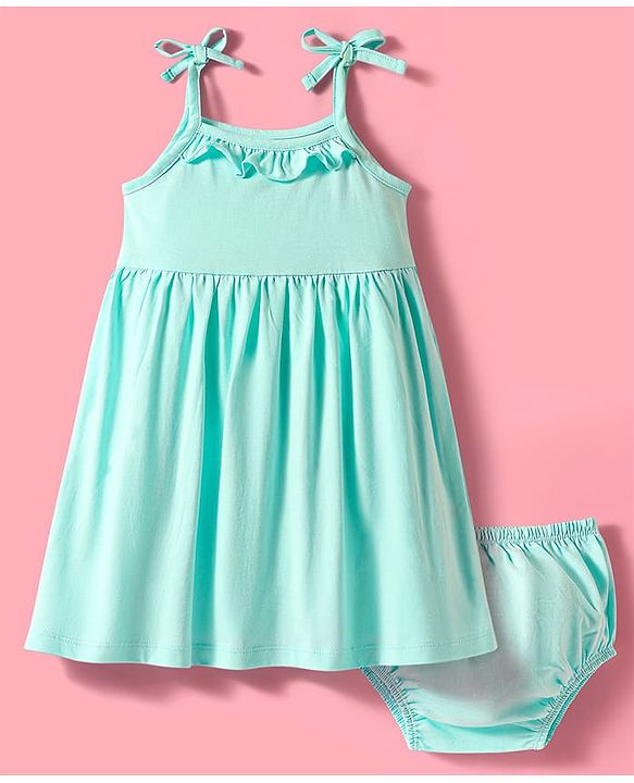 Babyhug Single Jersey Knit Sleeveless Solid Color Frock & Bloomer with Frill Detailing - Aqua Blue