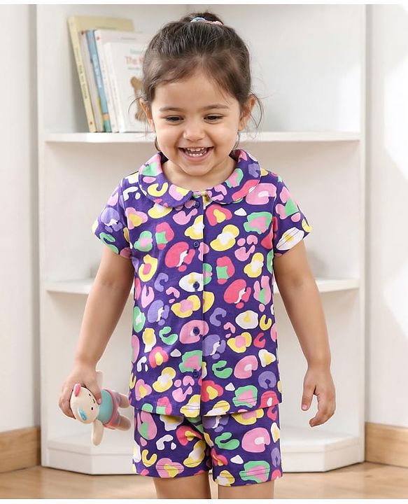 Babyhug Cotton Knit Half Sleeves Peter Pan Collared Co-ords Shorts Night Suit with Abstract Print - Purple