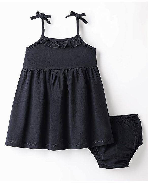 Babyhug Single Jersey Knit Sleeveless Solid Frock With Bloomer - Black