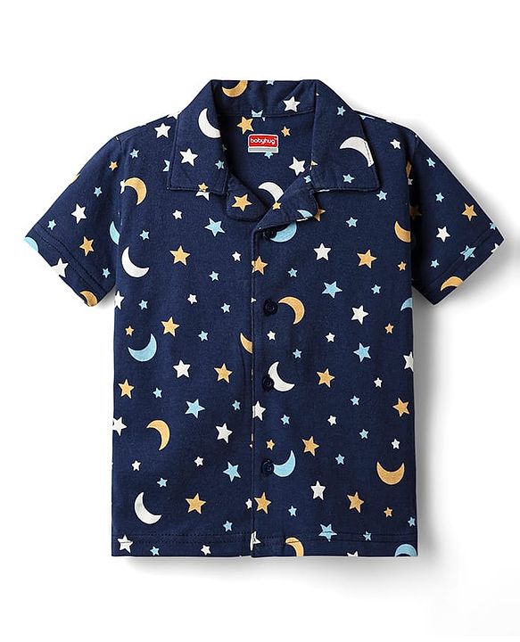Babyhug Cotton Knit Half Sleeves Co-ords Short Nightsuit with Star & Moon Print - Navy Blue