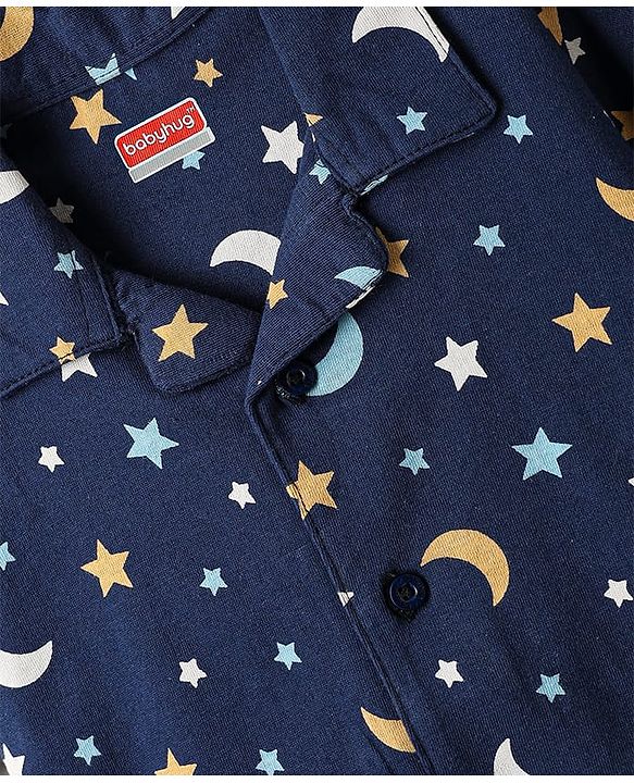 Babyhug Cotton Knit Half Sleeves Co-ords Short Nightsuit with Star & Moon Print - Navy Blue