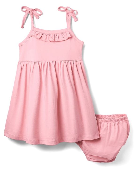 Babyhug Single Jersey Knit Sleeveless Solid Color Frock & Bloomer with Frill Detailing - Pink