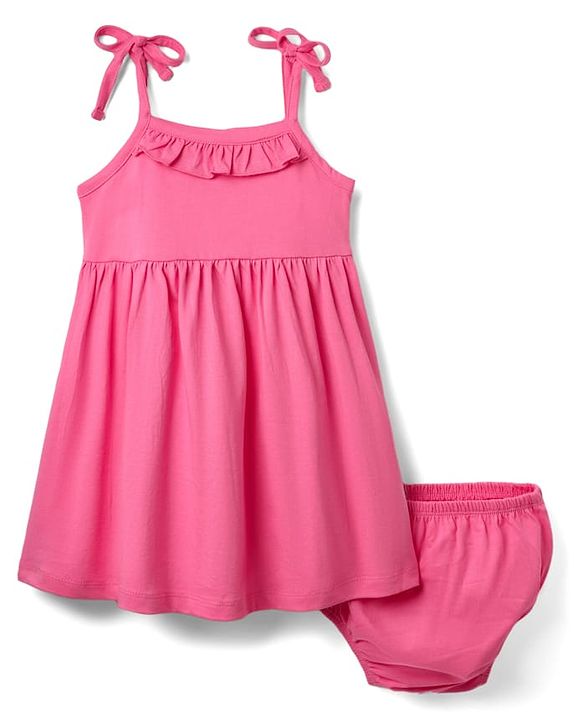 Babyhug Single Jersey Knit Sleeveless Solid Color Frock & Bloomer with Frill Detailing - Dark Pink
