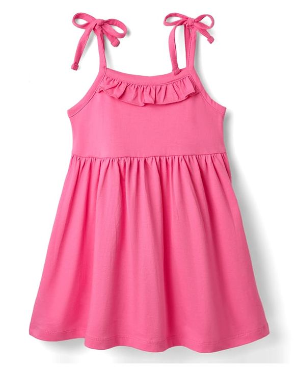 Babyhug Single Jersey Knit Sleeveless Solid Color Frock & Bloomer with Frill Detailing - Dark Pink