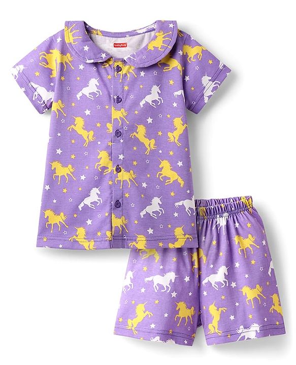 Babyhug  Cotton Knit Half Sleeves Front Open Shorts  Co-ord Night Suit With Unicorn Print - Purple