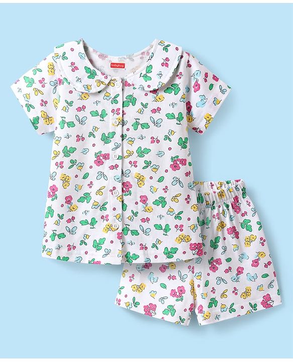 Babyhug Cotton Knit Half Sleeves Co-ords Peter Pan Collared Front Open Shorts Night Suit with Tropical Theme Print - White