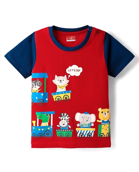 Babyhug Cotton Knit Half Sleeves T-Shirt with Animal Print - Red