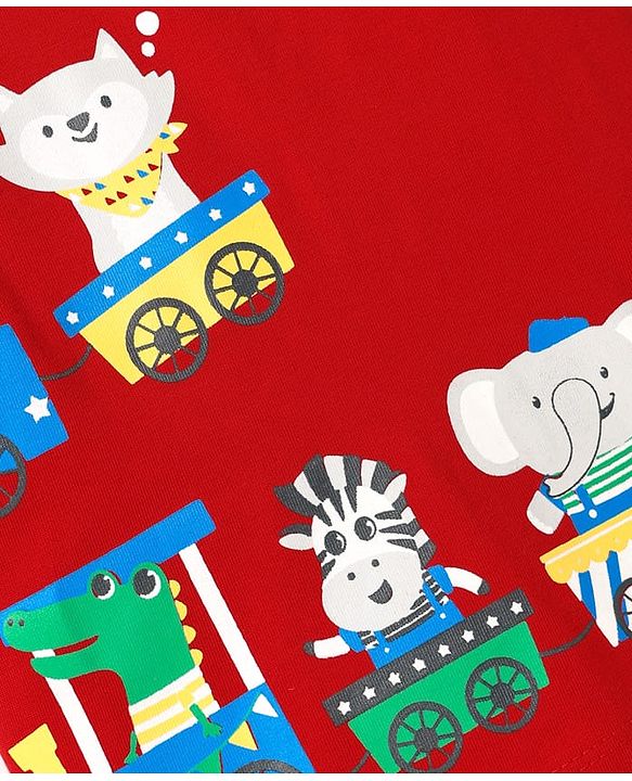 Babyhug Cotton Knit Half Sleeves T-Shirt with Animal Print - Red