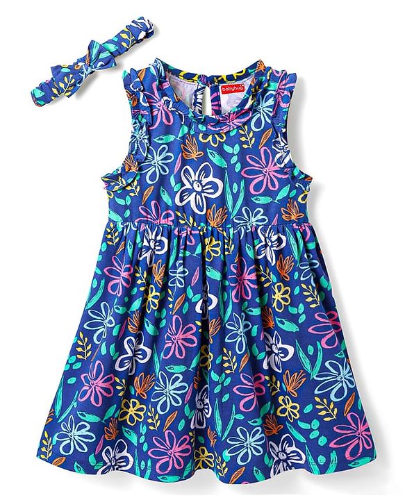 Babyhug Single Jersey Knit Sleeveless Frock & Head Band Floral Print - Blue