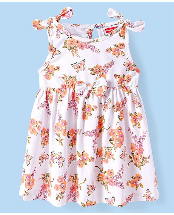 Babyhug Cotton Woven Sleeveless Frock with Bloomer and Floral Print -  White & Beige