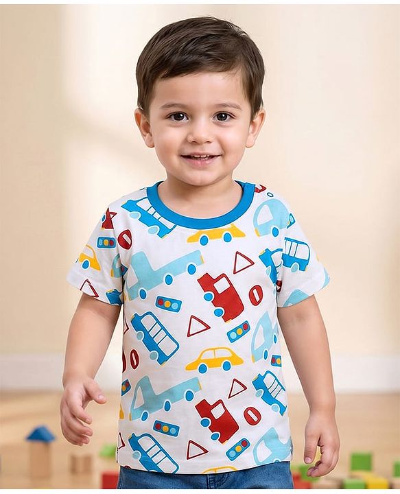 Babyhug Cotton Knit Half Sleeves T-Shirt with Vehicle Print - White