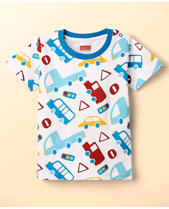 Babyhug Cotton Knit Half Sleeves T-Shirt with Vehicle Print - White