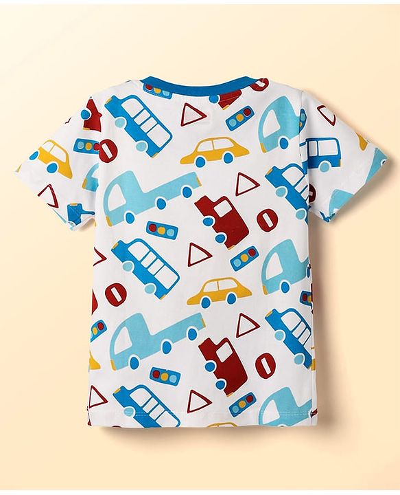 Babyhug Cotton Knit Half Sleeves T-Shirt with Vehicle Print - White