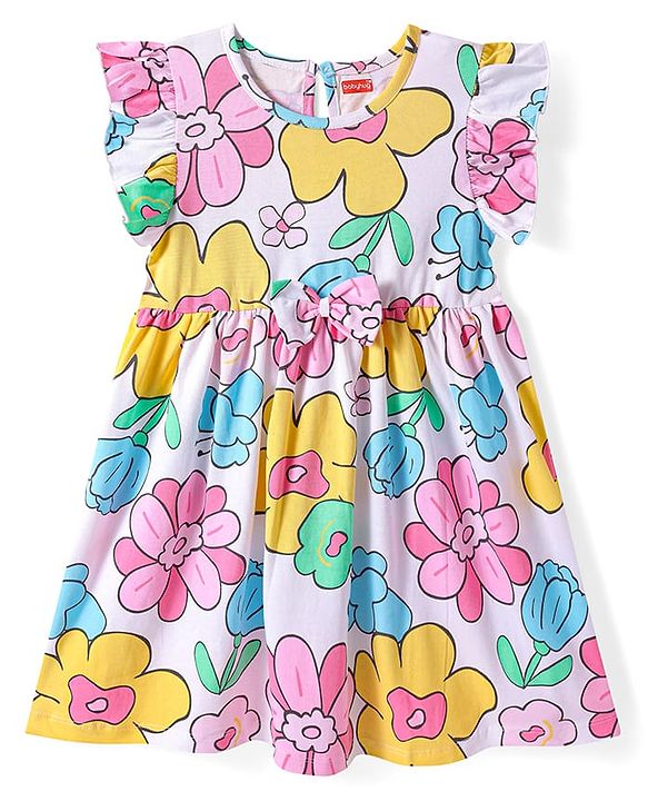 Babyhug Cotton Knit Frill Sleeves Dress With Floral Print & Bow Applique - White