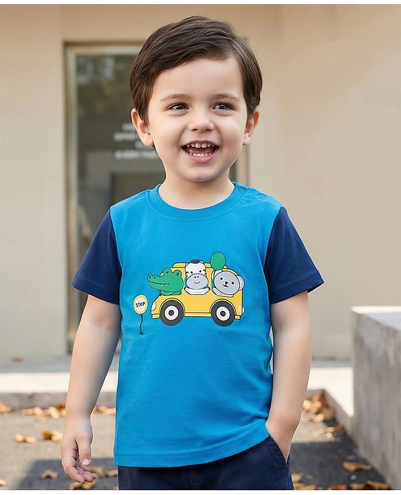 Babyhug Cotton Knit Half Sleeves T-Shirt With Vehicle Print - Blue