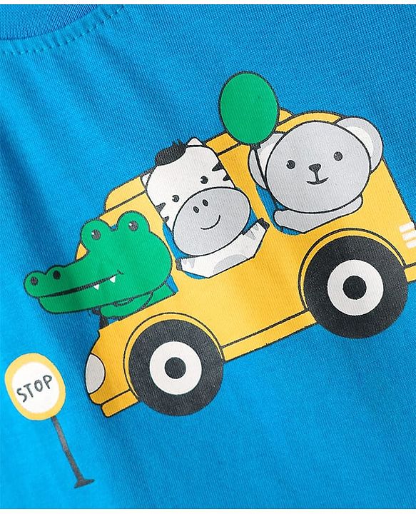 Babyhug Cotton Knit Half Sleeves T-Shirt With Vehicle Print - Blue