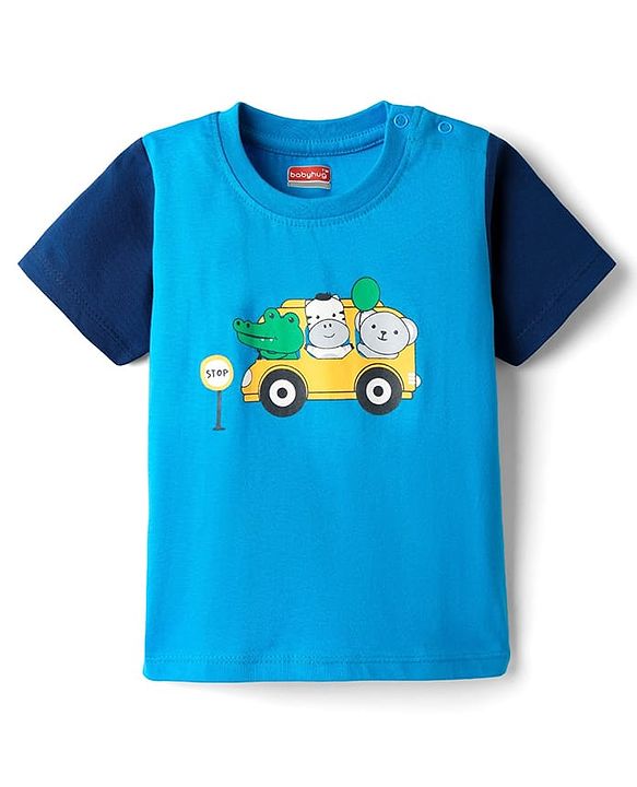 Babyhug Cotton Knit Half Sleeves T-Shirt With Vehicle Print - Blue