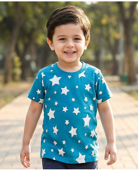 Babyhug Cotton Knit Half Sleeves T-Shirt with Star Print - Blue