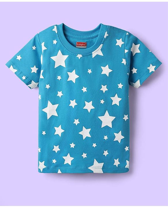 Babyhug Cotton Knit Half Sleeves T-Shirt with Star Print - Blue