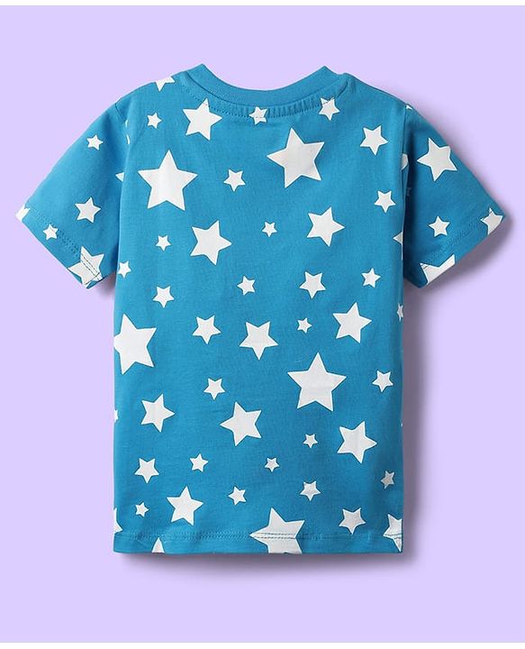 Babyhug Cotton Knit Half Sleeves T-Shirt with Star Print - Blue