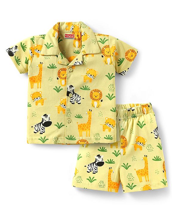 Babyhug Single Jersey Knit Half Sleeves Night Suit With Wild Animal Print - Green