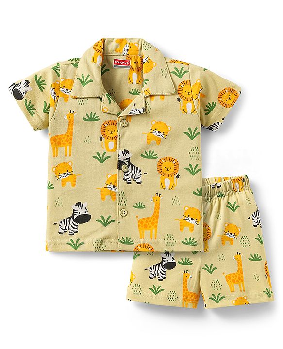 Babyhug Single Jersey Knit Half Sleeves Night Suit With Wild Animal Print - Green