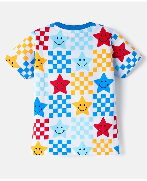 Babyhug Cotton Knit Half Sleeves T-Shirt with Star Smiley Print - White