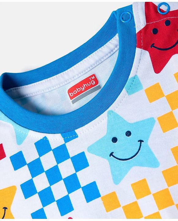 Babyhug Cotton Knit Half Sleeves T-Shirt with Star Smiley Print - White