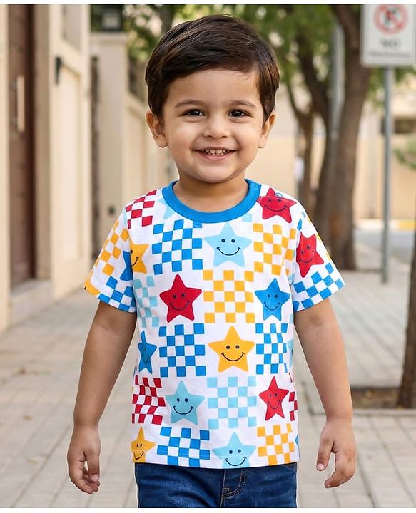 Babyhug Cotton Knit Half Sleeves T-Shirt with Star Smiley Print - White
