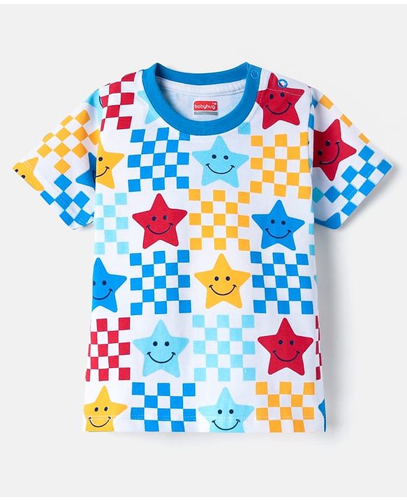 Babyhug Cotton Knit Half Sleeves T-Shirt with Star Smiley Print - White