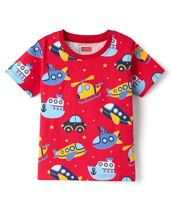 Babyhug Cotton Knit Half Sleeves T-Shirt with Vehicle Print - Red