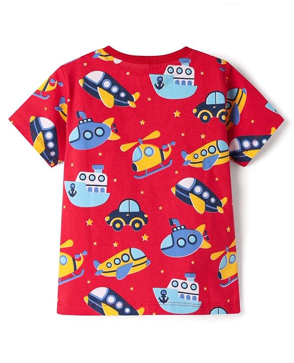 Babyhug Cotton Knit Half Sleeves T-Shirt with Vehicle Print - Red
