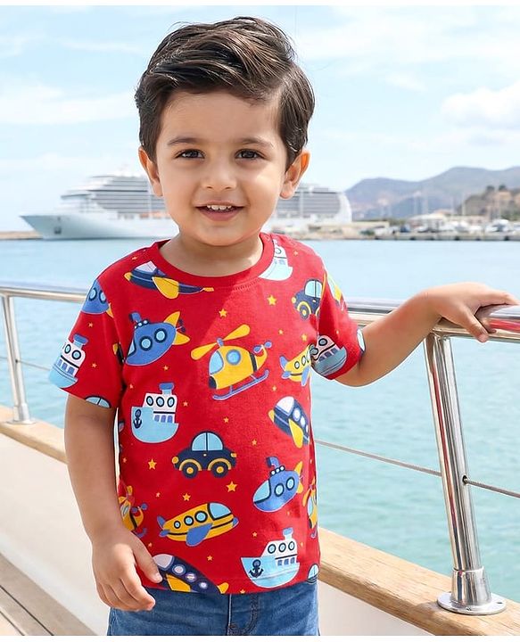 Babyhug Cotton Knit Half Sleeves T-Shirt with Vehicle Print - Red