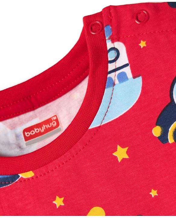 Babyhug Cotton Knit Half Sleeves T-Shirt with Vehicle Print - Red