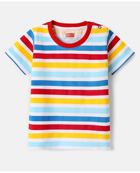 Babyhug Cotton Knit Half Sleeves T-Shirt with Stripes - White
