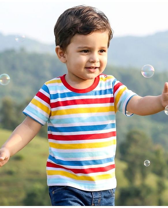 Babyhug Cotton Knit Half Sleeves T-Shirt with Stripes - White