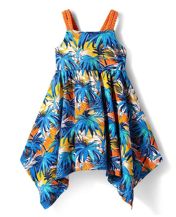 Babyhug Cotton Woven Sleeveless Handkerchief Hem Frock with Tropical Theme Print - Navy Blue
