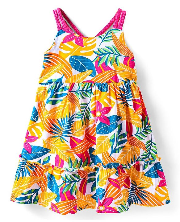 Babyhug Cotton Woven Sleeveless Frock with Tropical Theme Print - Yellow Pink & Blue