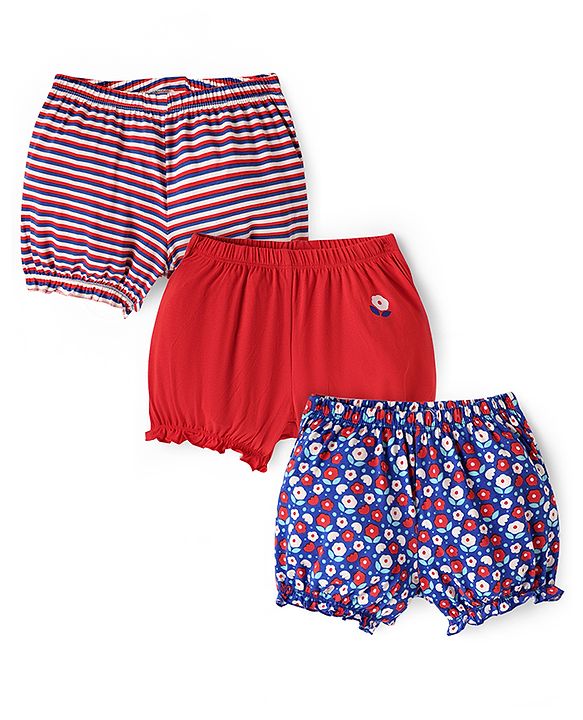 Pine Kids Cotton Elastane Knit Bloomers With Stripes & Floral Print Pack of 3 (Colour May Vary)