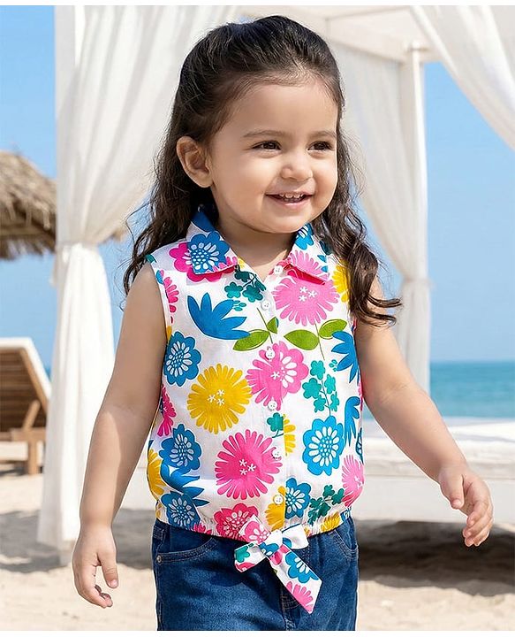 Babyhug Cotton Knit Sleeveless Knotted Top with Floral Print - White