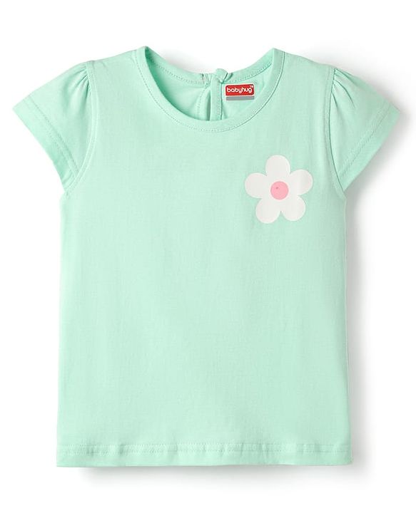 Babyhug Cotton Knit Half Sleeves T-Shirt with Floral Print - Sea Green