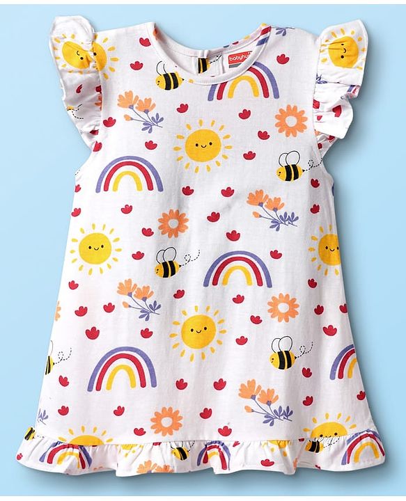 Babyhug Cotton Knit Frill Sleeves Nighty with Floral Print - White