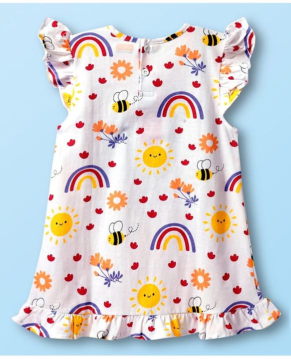 Babyhug Cotton Knit Frill Sleeves Nighty with Floral Print - White