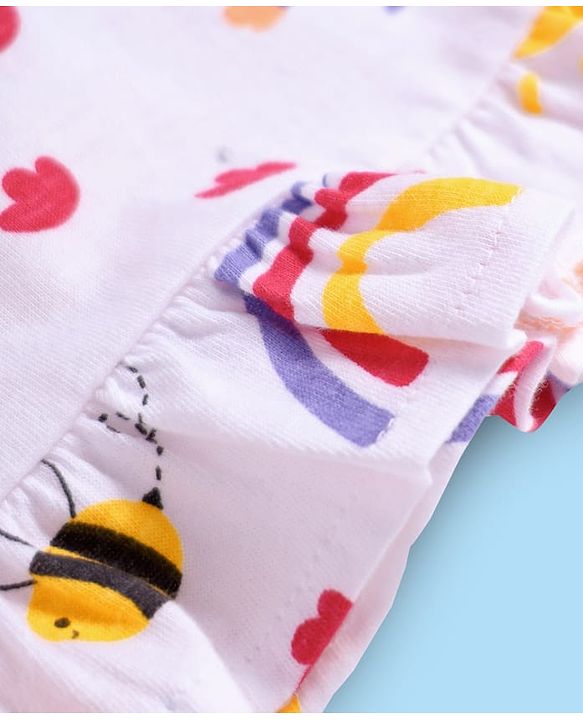 Babyhug Cotton Knit Frill Sleeves Nighty with Floral Print - White