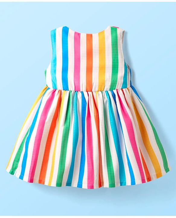 Babyhug Cotton Woven Sleeveless Front Open Frock With Stripes & Pockets - Multicolour