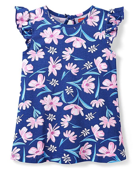 Babyhug Cotton Knit Frill Sleeves Nighty with Floral Print - Navy Blue